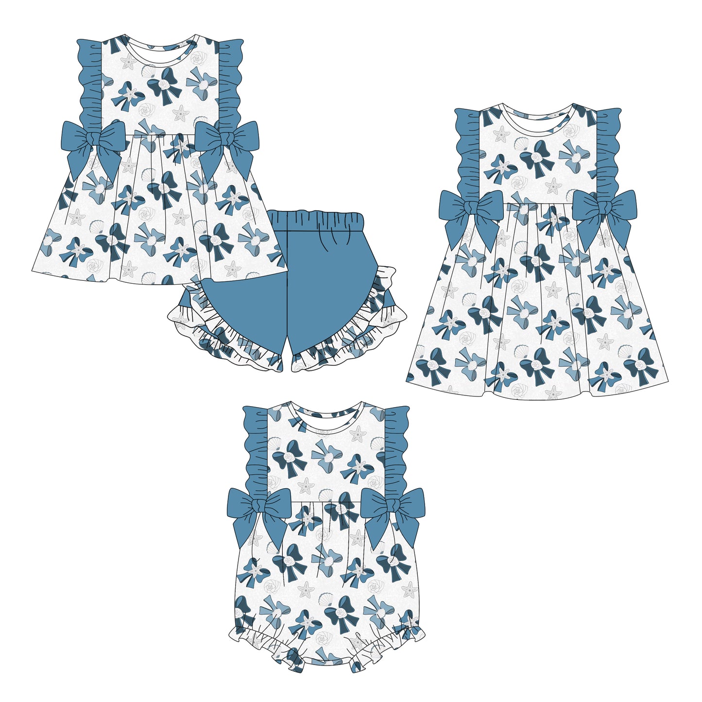 26.1.3 custom each style moq 5 eta 6-8week Sibling Sister bow baby short sleeve shorts sets and romper and dress match design