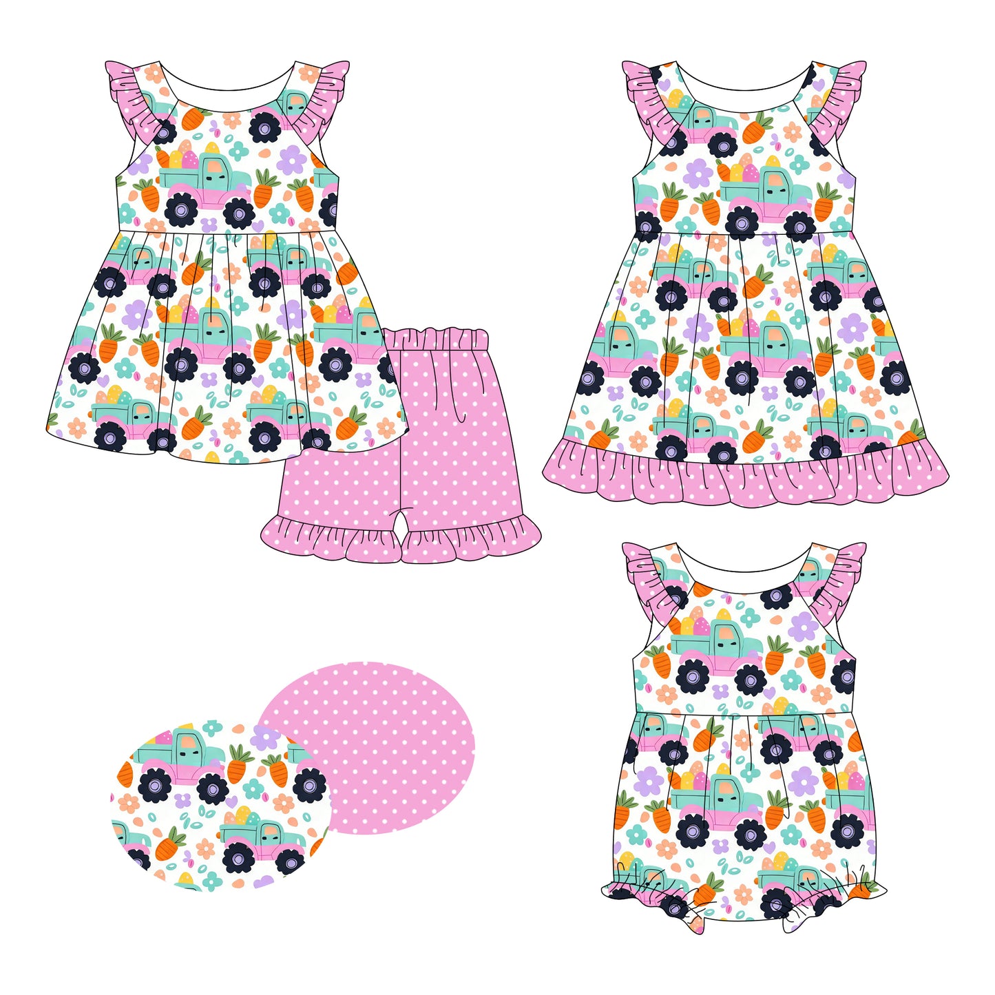 26.1.8 custom each style moq 5 eta 6-8week Sibling Sister easter floral baby short sleeve shorts sets and romper and dress match design