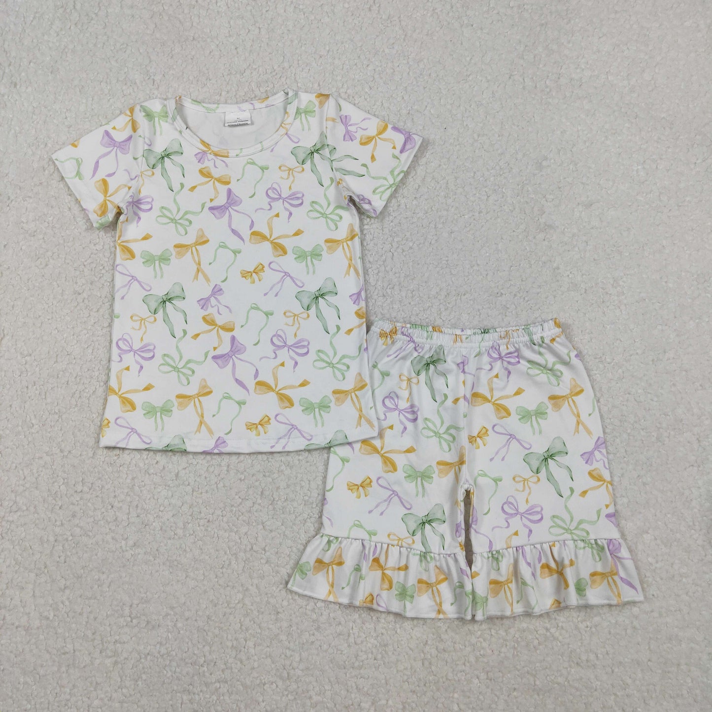 RTS NO MOQ(In Stock) GSSO2717 Carnival Bow Pattern White Short-Sleeve Shorts Pajama Set