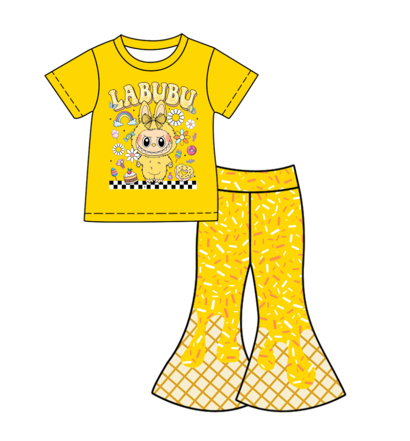Custom moq 5 mix size milk silk baby girl clothes cartoon yellow short sleeve pants sets