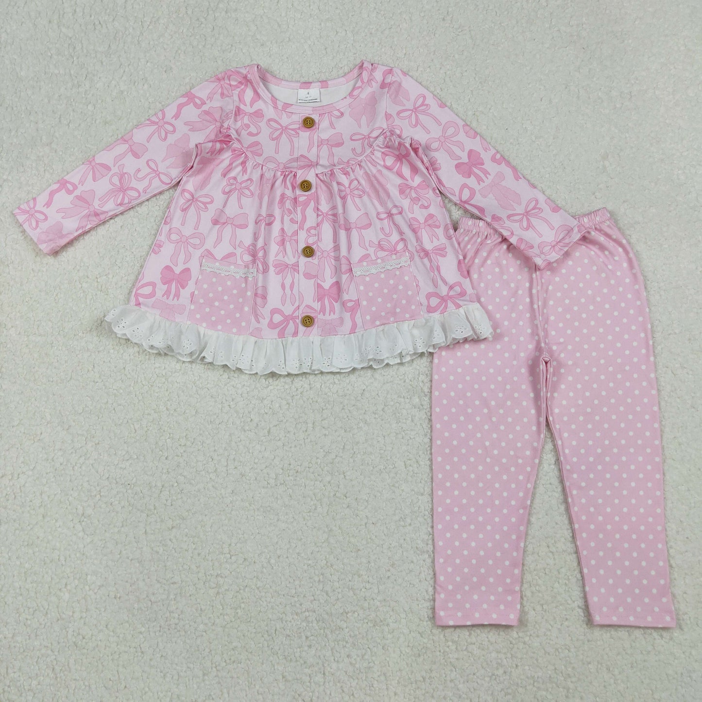 RTS NO MOQ(In Stock) GLP2723 Bow Pattern Lace Dot Pocket Pink Long Sleeve Trouser Set