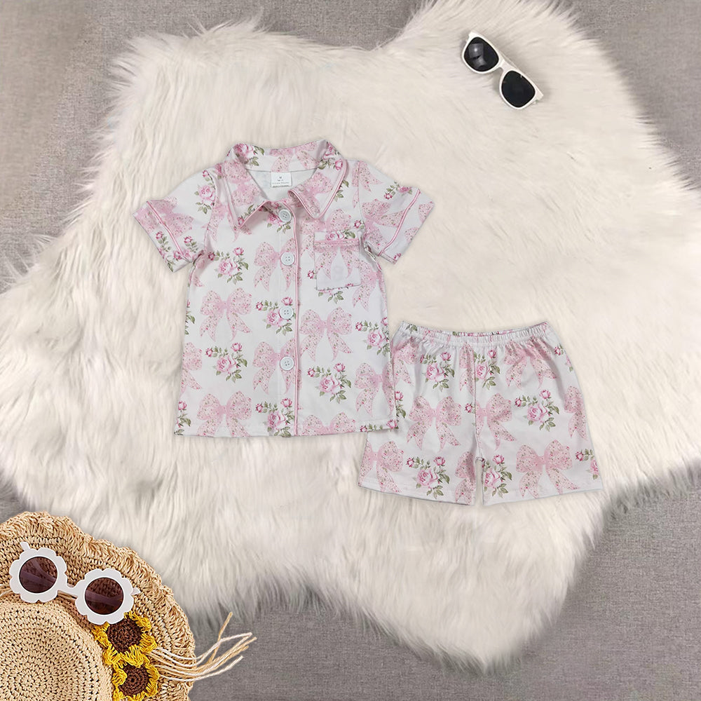 RTS NO MOQ Adult Girls bow floral Short Sleeve Shorts Pajama Set & kids shorts sets