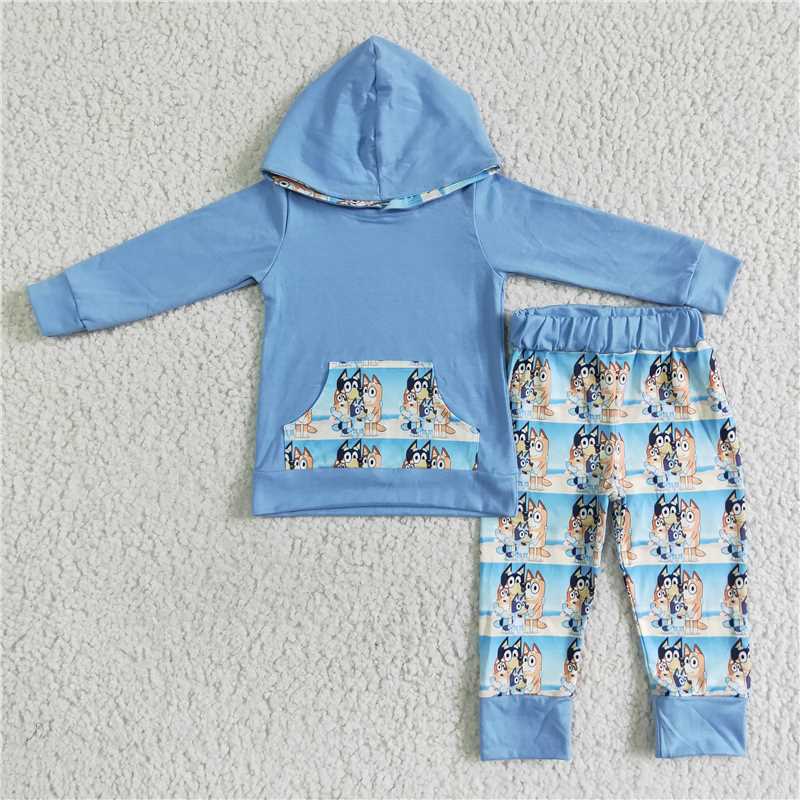 RTS NO MOQ Boys and Girls Family Portrait Puppy Print Sky Blue Long Sleeve Suit
