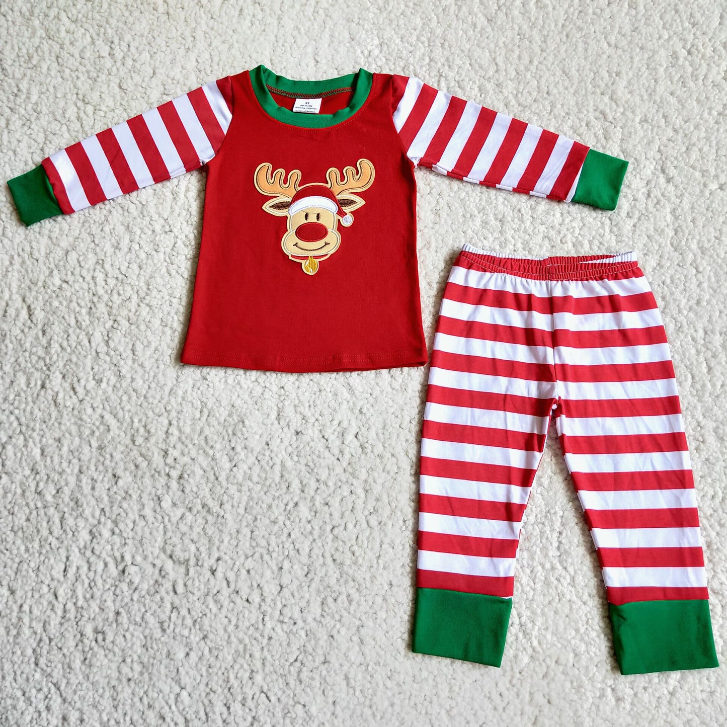 RTS NO MOQ Embroidered Christmas Deer Head Elk Long Sleeve Pants Pajamas Pure Cotton