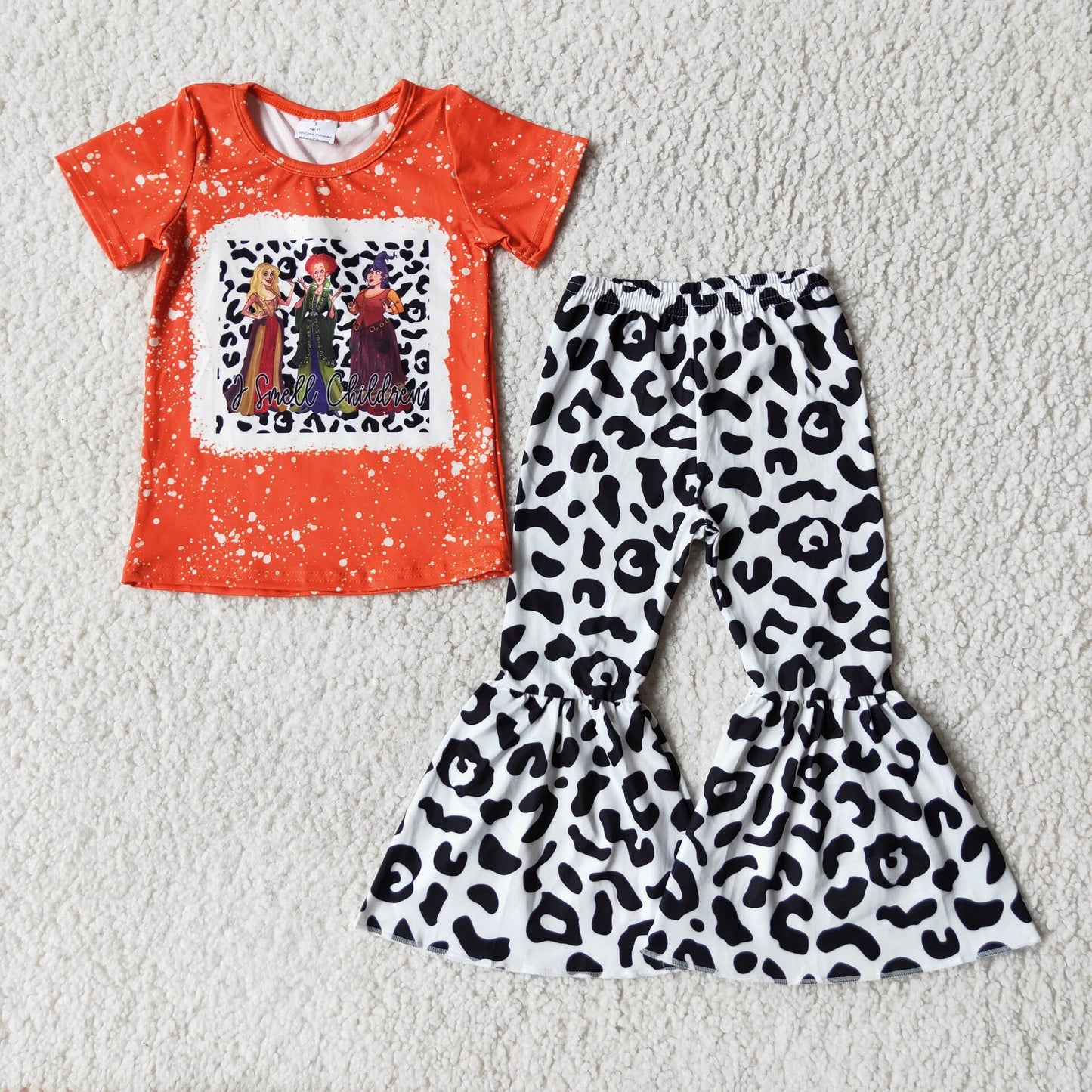 E3-18 HOCUS Orange Short Sleeve Top Leopard Print Flare Set