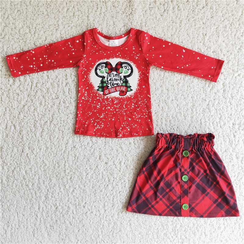 RTS NO MOQ(In Stock) 6 A1-20 Mouse Red Long Sleeve Top Red Plaid Skirt Christmas Set