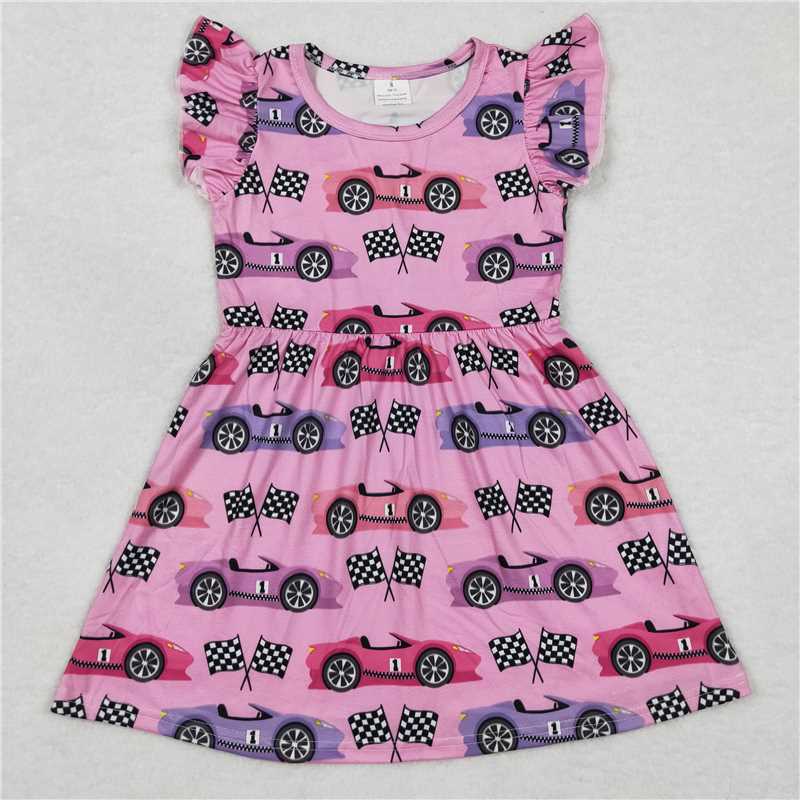 Toy Car Checkered Red Flag Pink Flying Sleeve Dress 玩具车方格红旗粉色飞袖裙