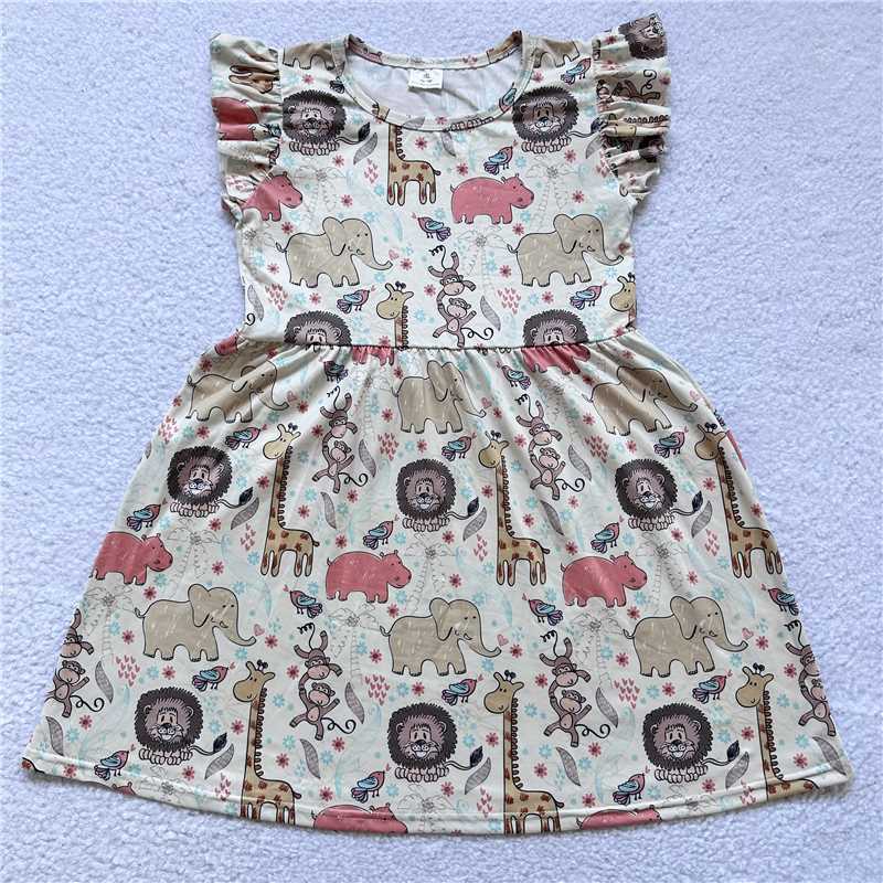 Hippo Elephant Giraffe Beige Flying Sleeve Dress 河马大象长颈鹿米黄色飞袖裙