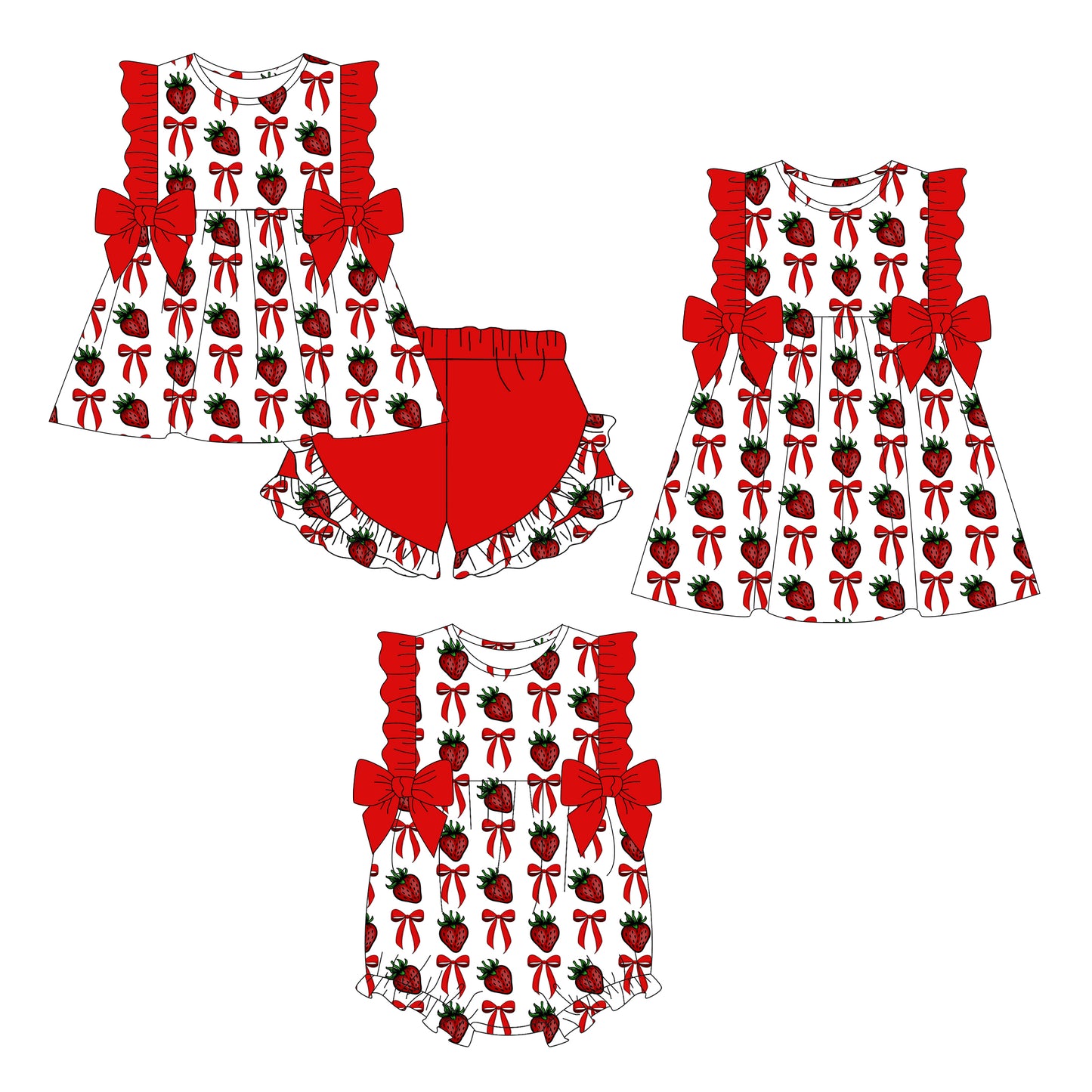 26.1.3 custom each style moq 5 eta 6-8week Sibling Sister bow strawberry baby short sleeve shorts sets and romper and dress match design