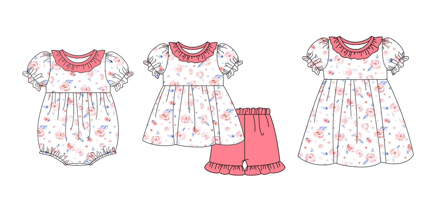 12.31 custom each style moq 5eta 4-6week Sibling Sistes floral baby girl short sleeve shorts sets and dress and rompers match family design