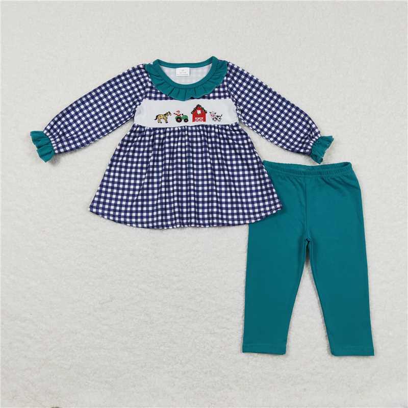 RTS NO MOQ(In Stock) GLP0885 Baby girl Toddler embroidery farm Shirts plaid Pants Clothes Sets