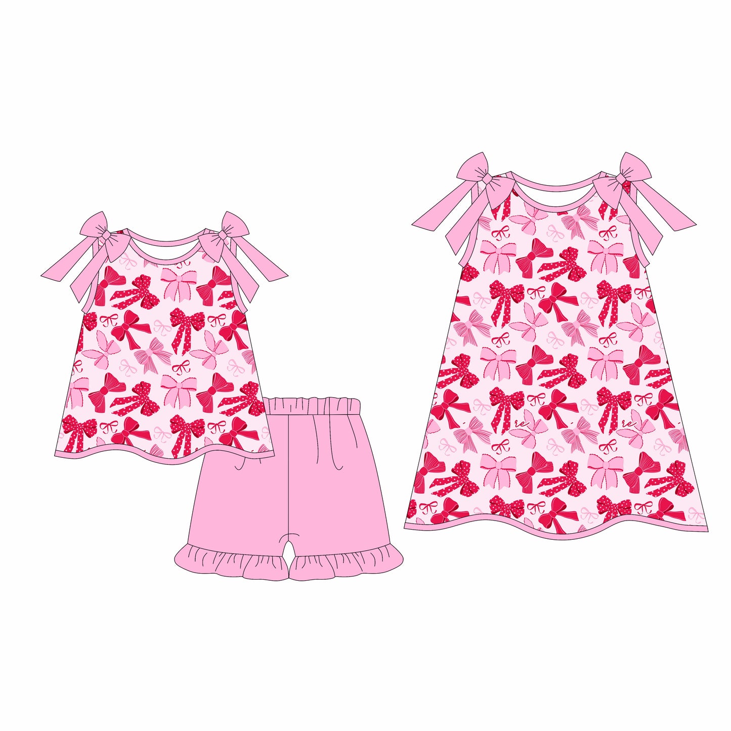 3.17 custom each style moq 5eta 4-6week Sibling Sister bow baby girl short sleeve shorts sets and dresses match design