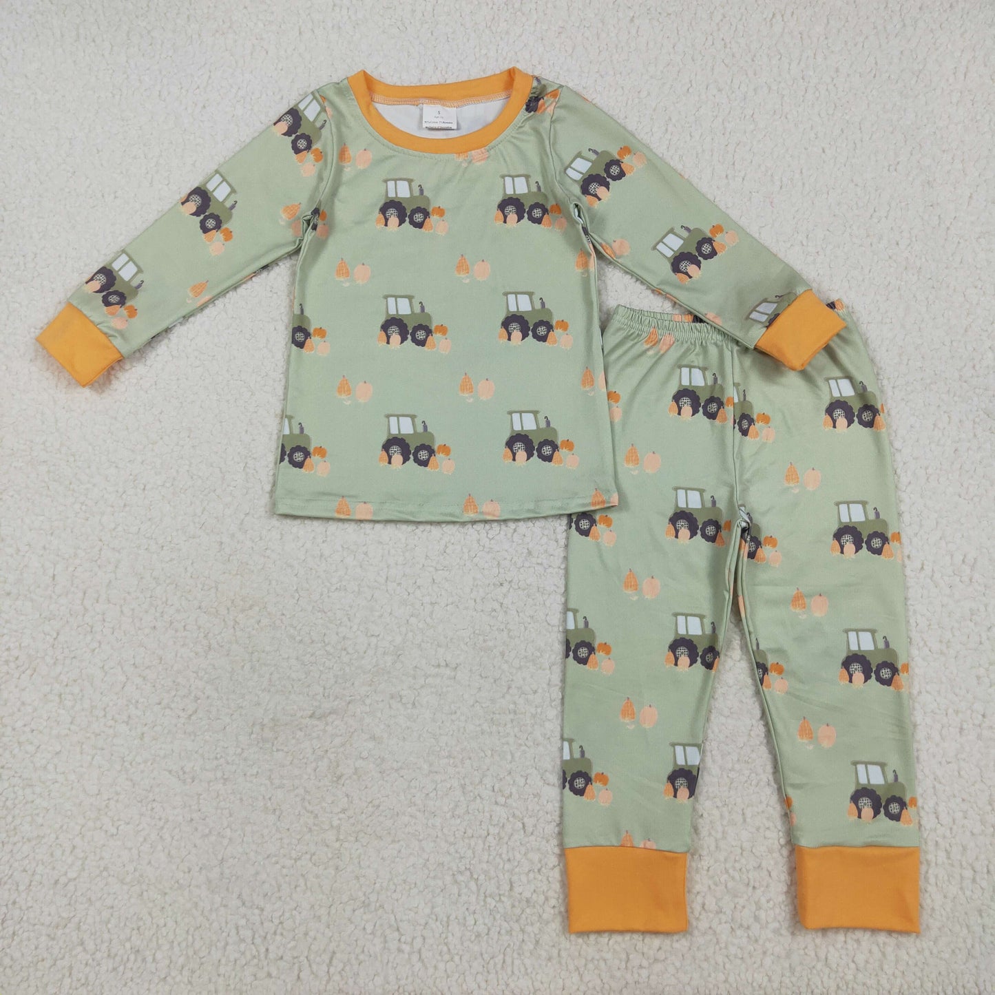 RTS NO MOQ(In Stock) BLP1142 Tractor Pumpkin Orange Green Long Sleeve Long Pants Pajama Set