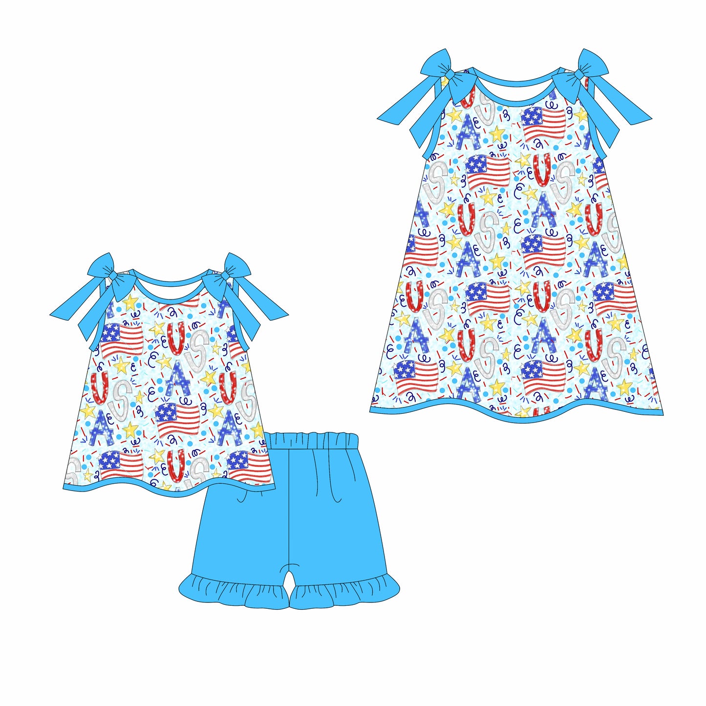 3.17 custom each style moq 5eta 4-6week Sibling Sister flag baby girl short sleeve shorts sets and dresses match design