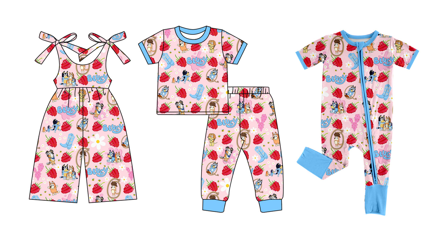 12.30 custom each style moq 5eta 4-6week Sibling Sister cartoon dog strawberry baby girl short sleeve pants sets and girls romper and jumpsuit match design