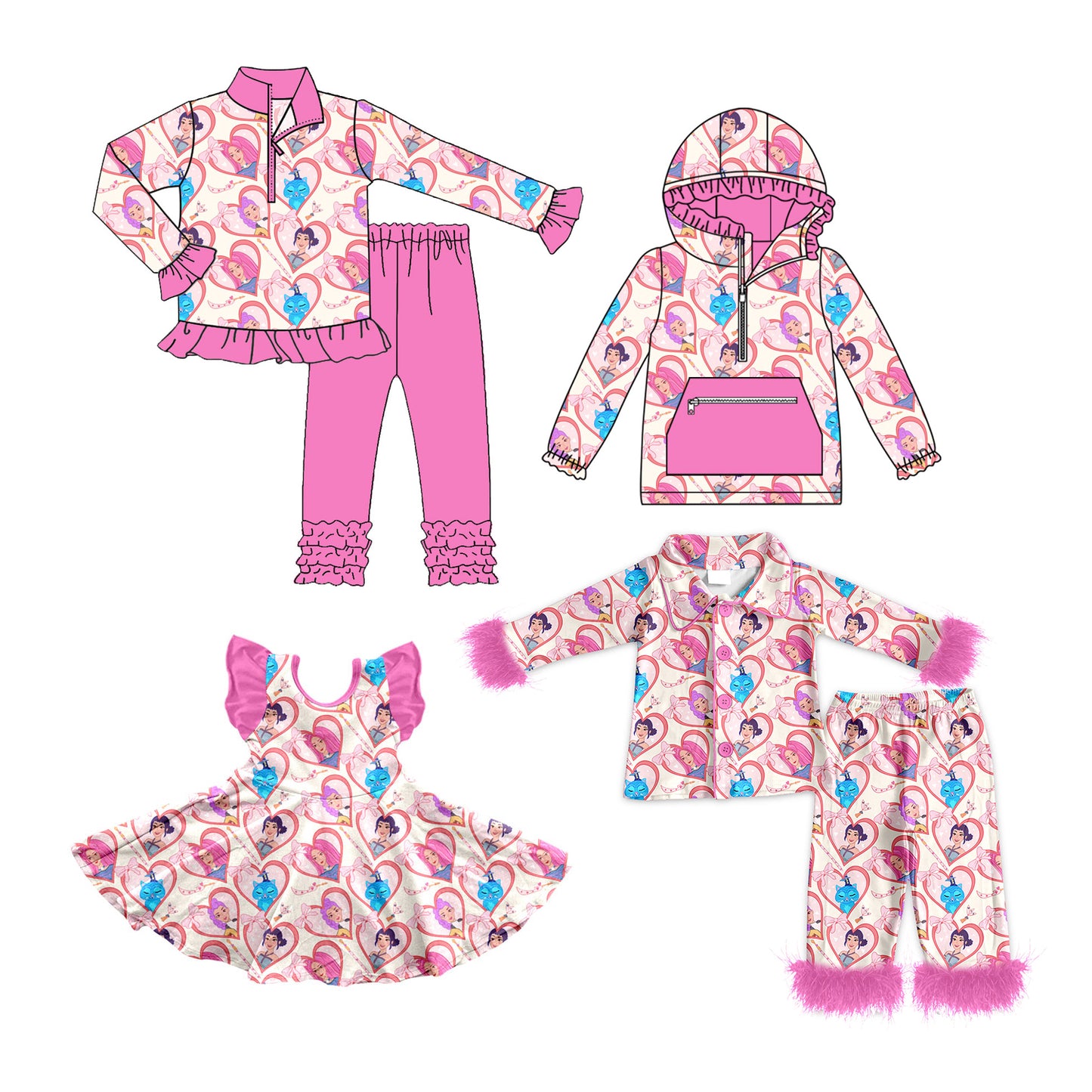 25.12.1 custom each style moq 5 eta 6-8week Sibling Sisters cartoon love baby girl long sleeve pants sets 2 and dress and top match family design