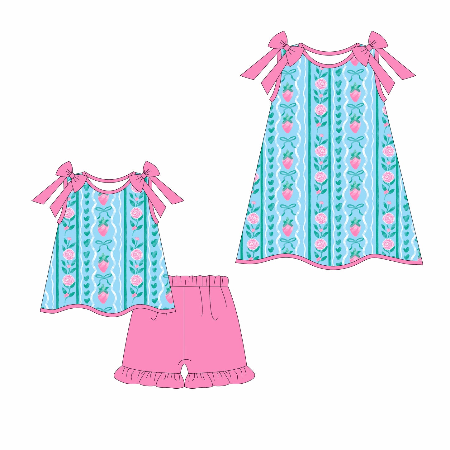 3.17 custom each style moq 5eta 4-6week Sibling Sister strawberry baby girl short sleeve shorts sets and dresses match design