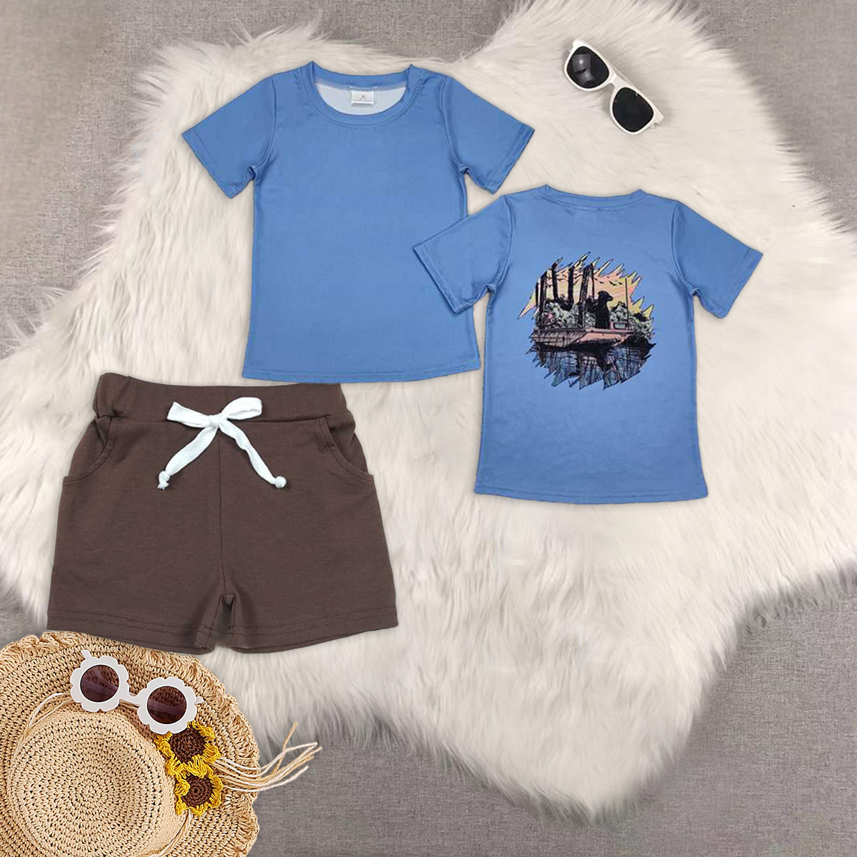 RTS NO MOQ BT1082+SS0134 baby boy clothes blue short-sleeved top Brown pocket shorts
