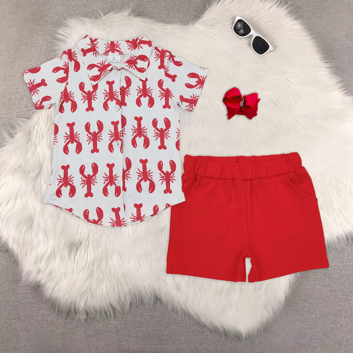 rts no moq BT0161+SS0270 baby boy clothes lobster short-sleeved top red shorts sets