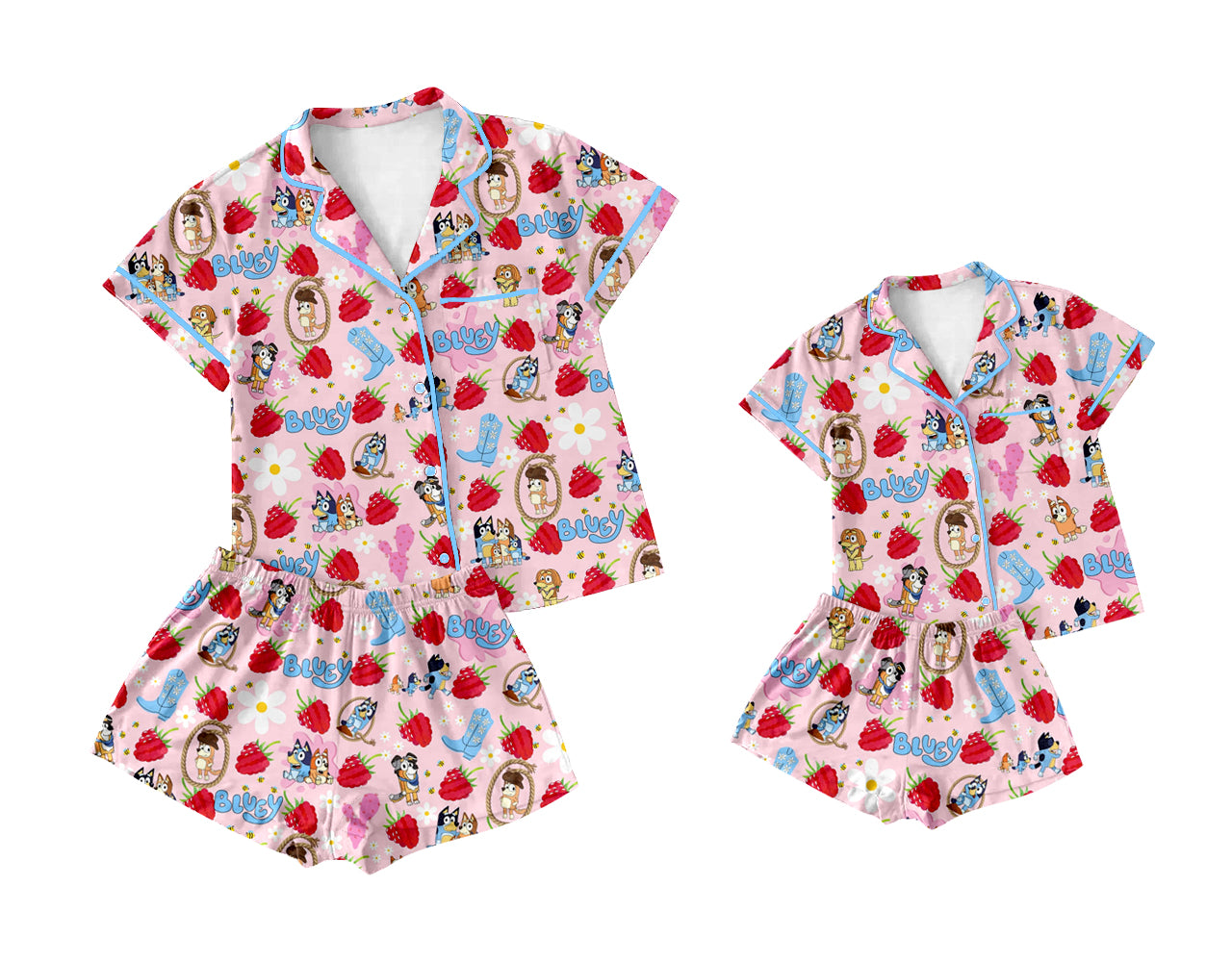 12.30 custom each style moq 5eta 4-6week Sibling Sister cartoon dog strawberry short sleeve shorts sets and adult sets match design