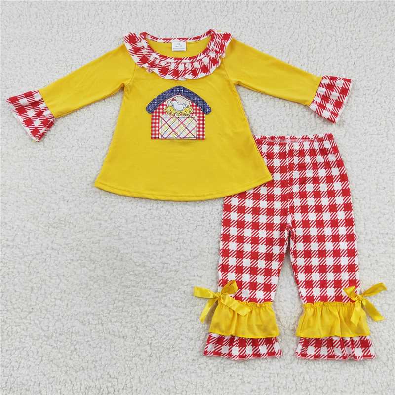 RTS NO MOQ(In Stock) GLP0492 Baby girl Toddler embroidery farm Shirts plaid Pants Clothes Sets