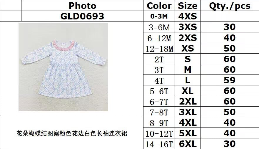 rts no moq GLD0693 White long-sleeved dress with pink lace and flower bow pattern