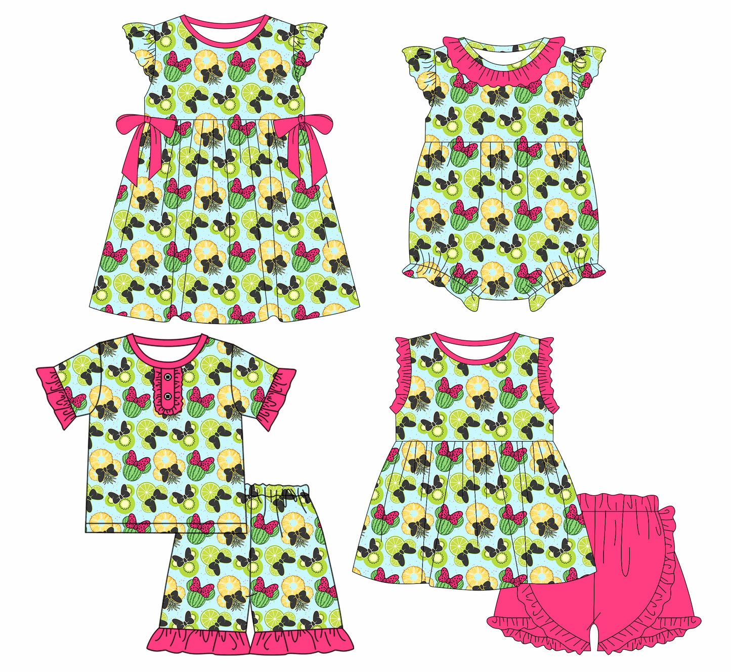 3.17 custom each style moq 5eta 4-6week Sibling Sister cartoon baby girls short sleeve set and set 2 and dress and romper match design