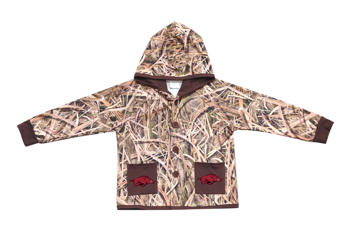 Custom moq 5 mix size milk silk baby boys clothes team summer camouflage button hooded long sleeve top-25.11.25