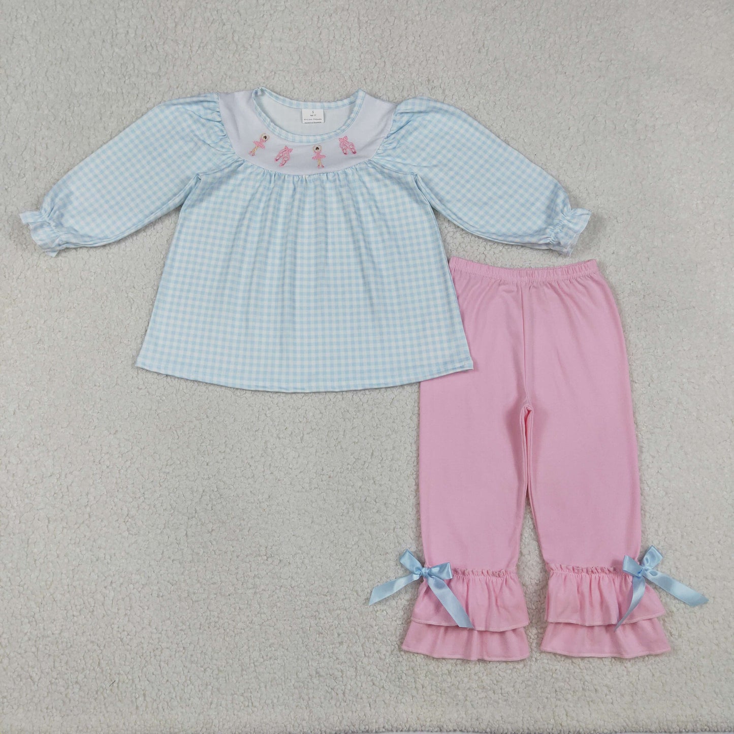 RTS NO MOQ(In Stock) Embroidered Ballet Flats Blue and White Check Long-Sleeved Pink Pants Set