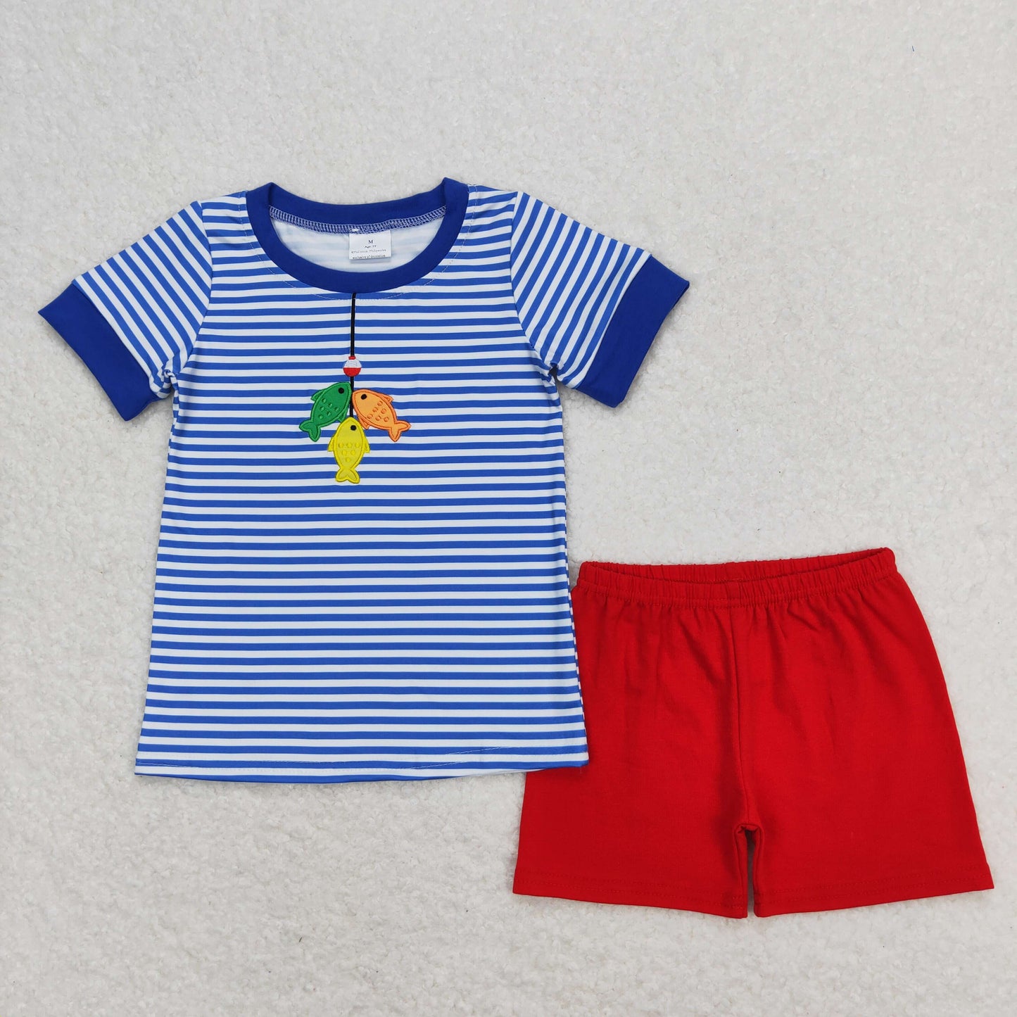 RTS NO MOQ(In Stock) Embroidered fishing blue striped short sleeve red shorts suit