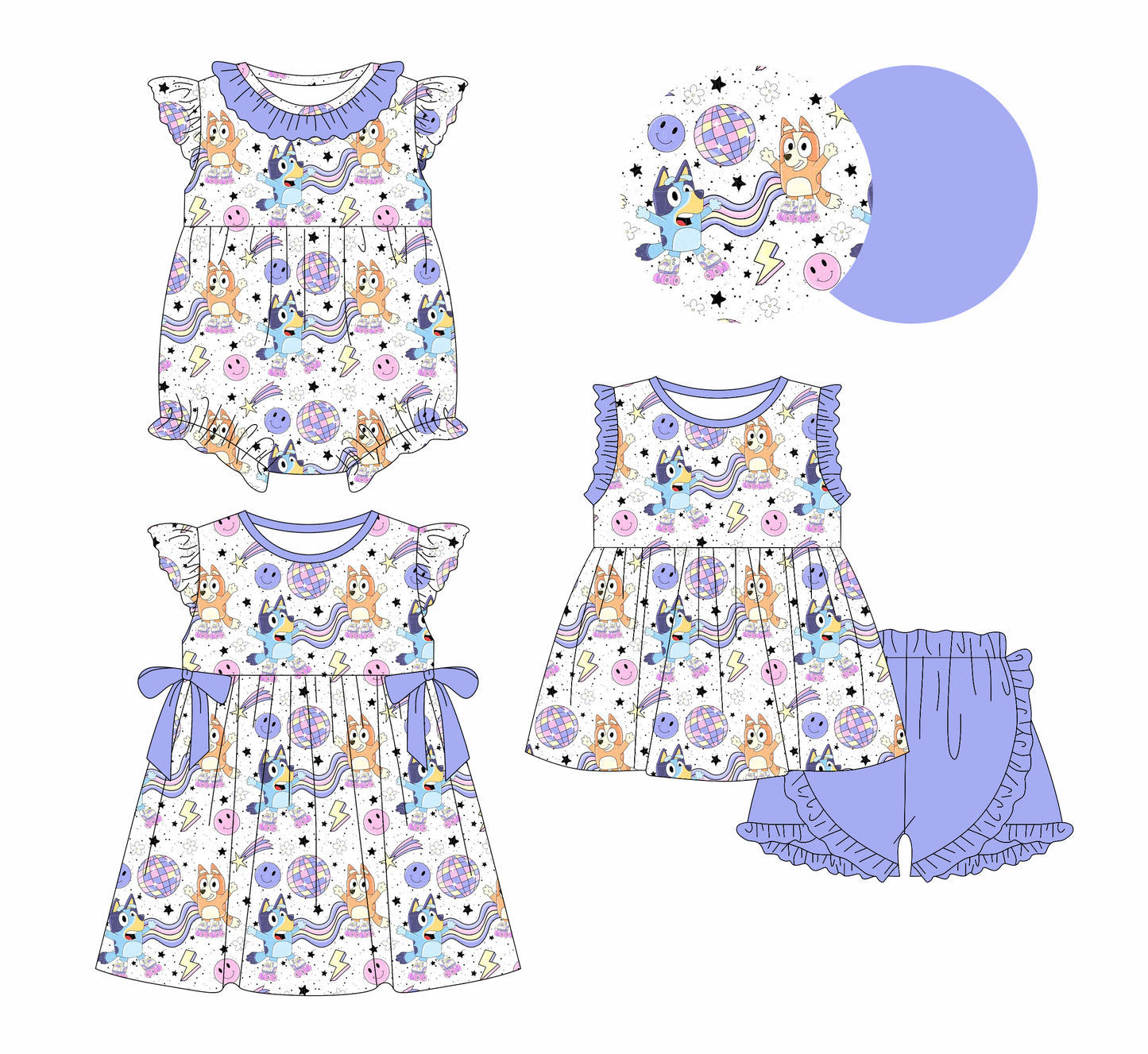 12.30 custom each style moq 5eta 4-6week Sibling Sistes cartoon dog baby girl short sleeve shorts sets and dress and rompers match family design