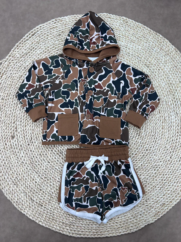 RTS NO MOQ(In Stock) baby boys clothes camouflage hooded long Sleeve Shorts sets