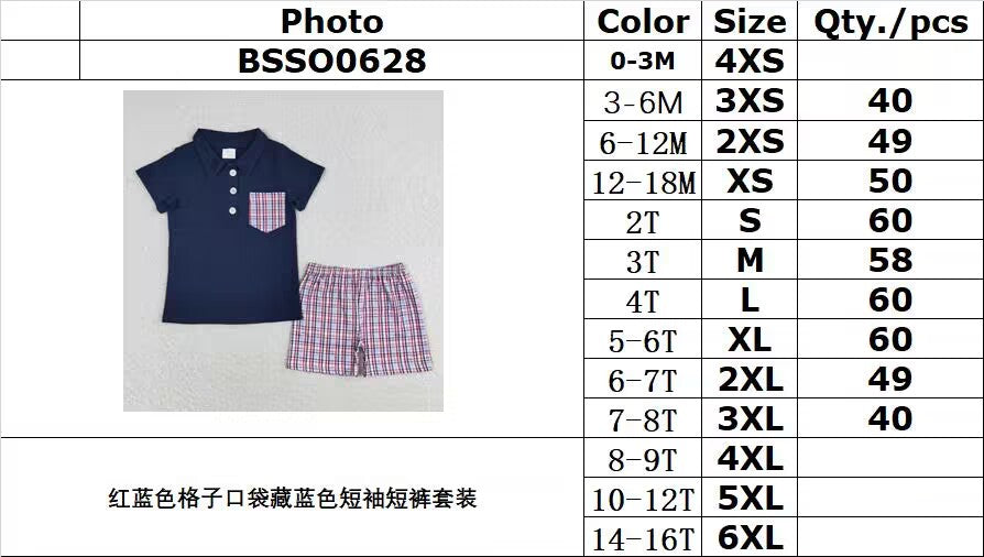 rts no moq BSSO0628 Red and blue plaid pocket navy blue short-sleeved shorts suit