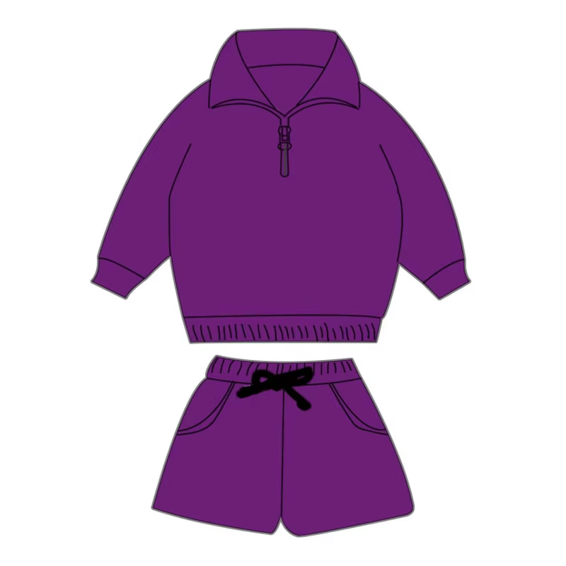 Custom moq 3 eta 6-8 weeks Loose Purple Zipper Pullover Long Sleeve Top Shorts Set