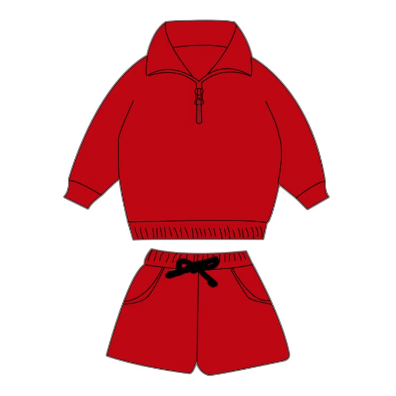 Custom moq 3 eta 6-8 weeks Red loose zipper pullover long-sleeved top and shorts set
