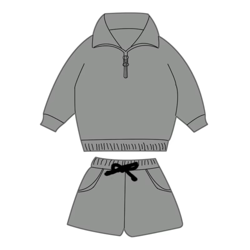Custom moq 3 eta 6-8 weeks Grey Loose Zipper Pullover Long Sleeve Top and Shorts Set