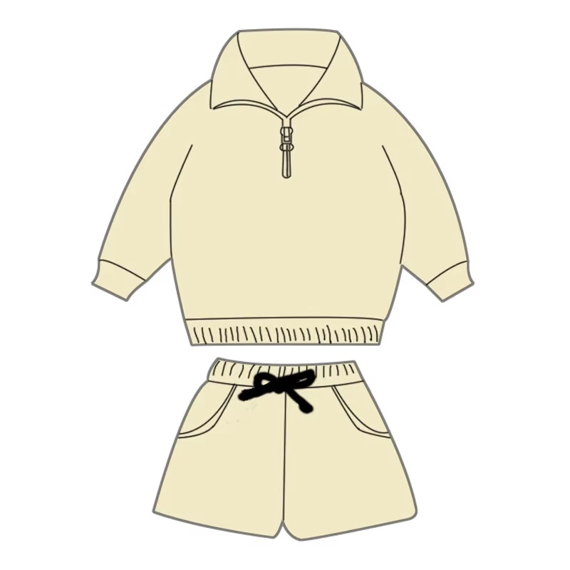Custom moq 3 eta 6-8 weeks Beige Loose Zipper Pullover Long Sleeve Top Shorts Set