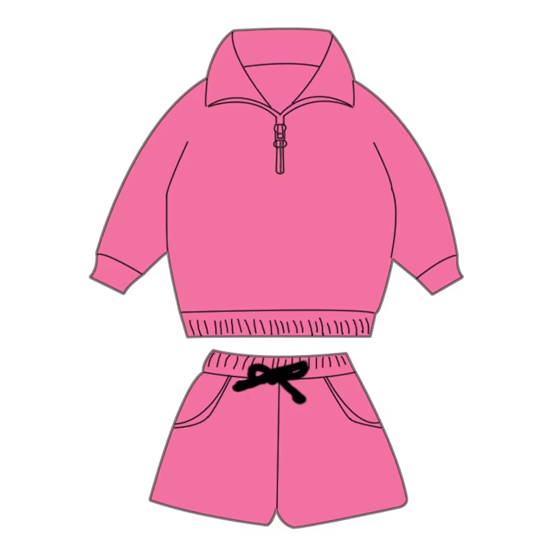 Custom moq 3 eta 6-8 weeks Pink Loose Zipper Pullover Long Sleeve Top Shorts Set