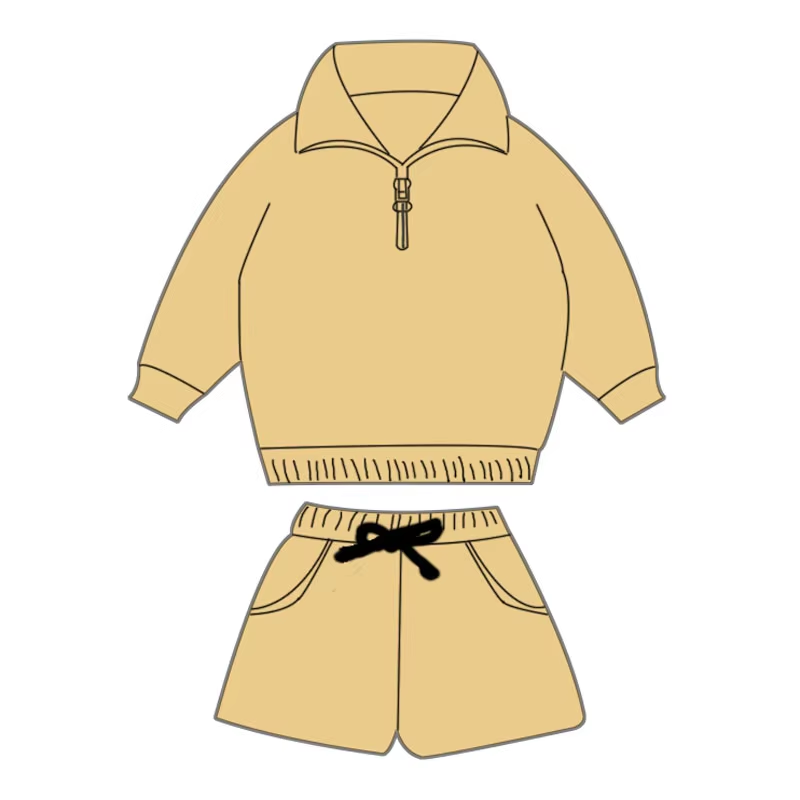 Custom moq 3 eta 6-8 weeks Khaki Loose Zipper Pullover Long Sleeve Top Shorts Set