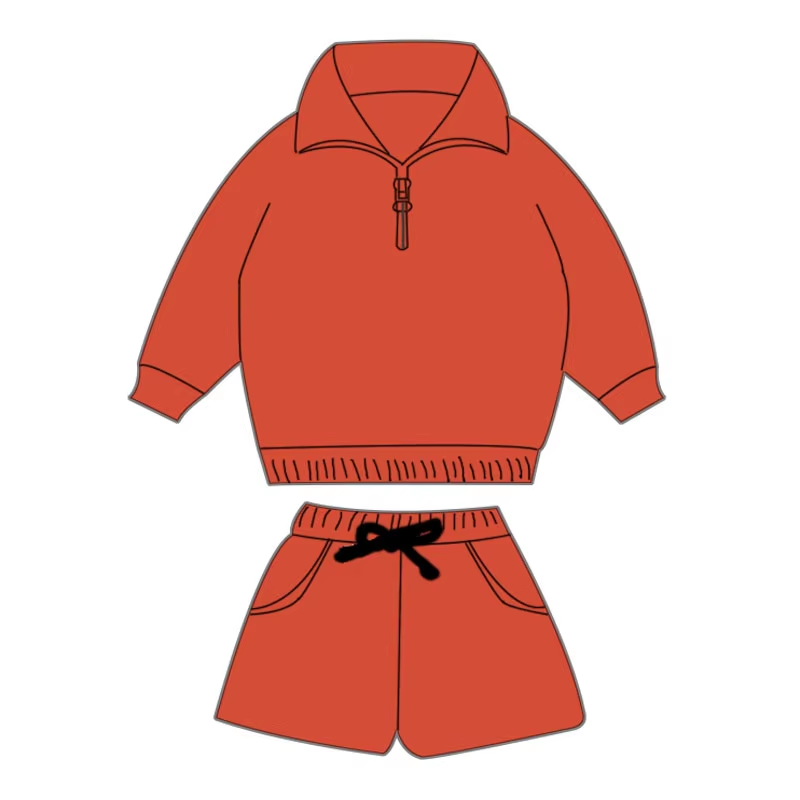 Custom moq 3 eta 6-8 weeks Orange Loose Zipper Pullover Long Sleeve Top Shorts Set