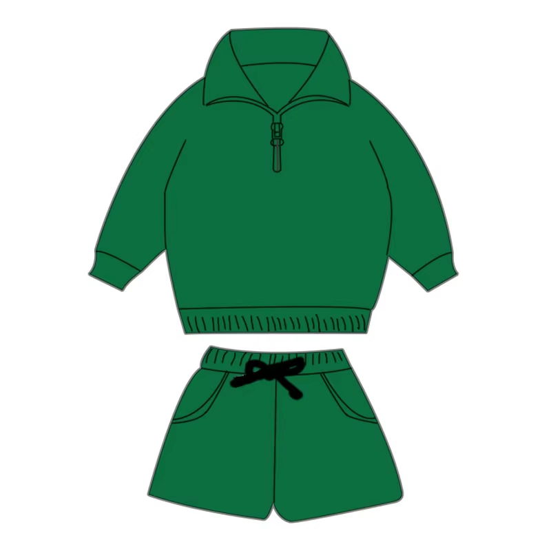 Custom moq 3 eta 6-8 weeks Green loose zipper pullover solid color long-sleeved top and shorts set