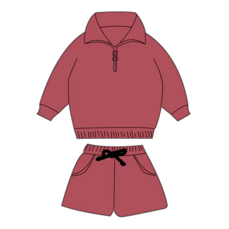 Custom moq 3 eta 6-8 weeks Red loose zipper pullover solid color long-sleeved top and shorts suit