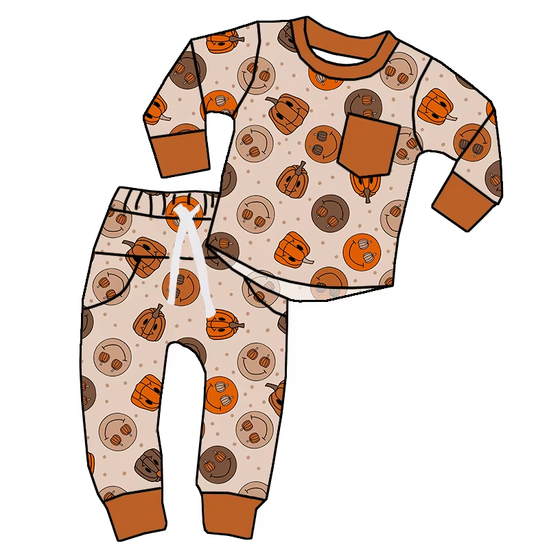 Custom moq 3 eta 6-8 weeks Pumpkin-Smiley Face Light Brown Pocket Long Sleeve Suit