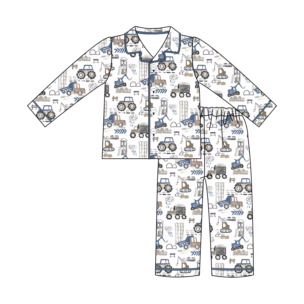 Custom moq 3 eta 7/8week moq 5 eta /4/5week White Excavator-Crane Button Long Pajama Set