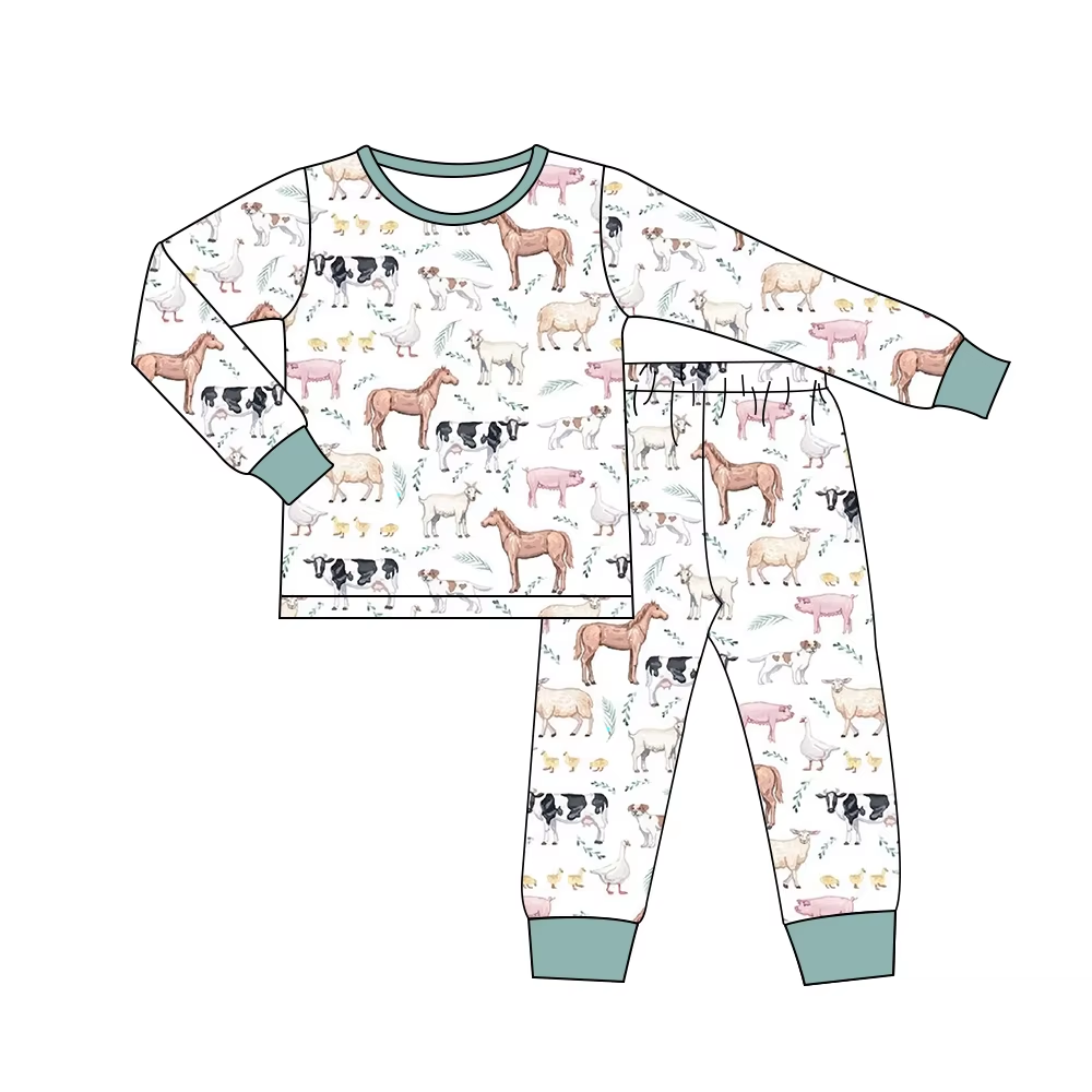 Custom moq 3 eta 7/8week moq 5 eta /4/5week Light grey cow, sheep and horse pattern long pajama set