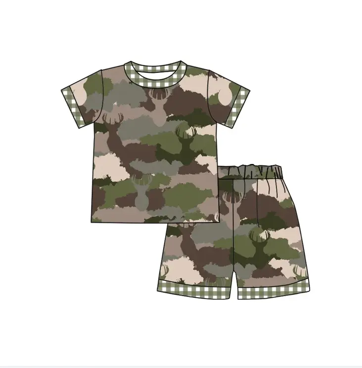 Custom moq 3 eta 7/8week moq 5 eta /4/5week Grey-Brown-Army Green Shaded Plaid Cuff Short Sleeve Shorts Set