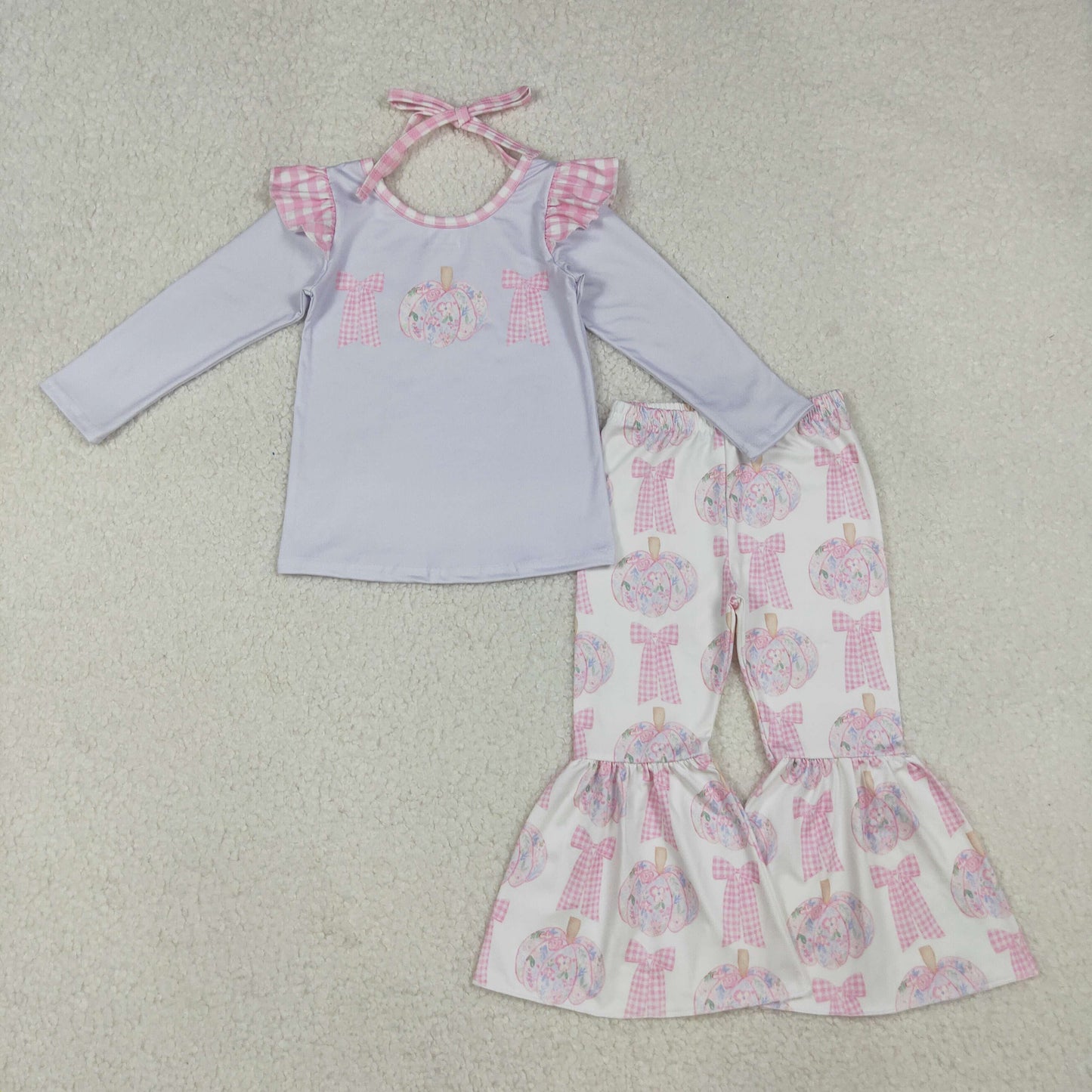 RTS NO MOQ(In Stock) 12/18m-7/8t GLP2532 Purple Long-Sleeved Powder Pants Set with Flower, Pumpkin, and Bow Pattern and Pink Plaid Trim