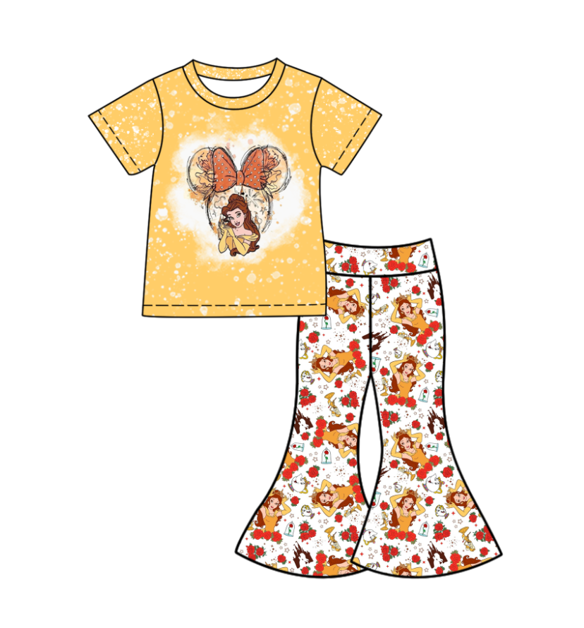 Custom moq 5 mix size milk silk baby girl clothes cartoon bow yellow short sleeve pants sets