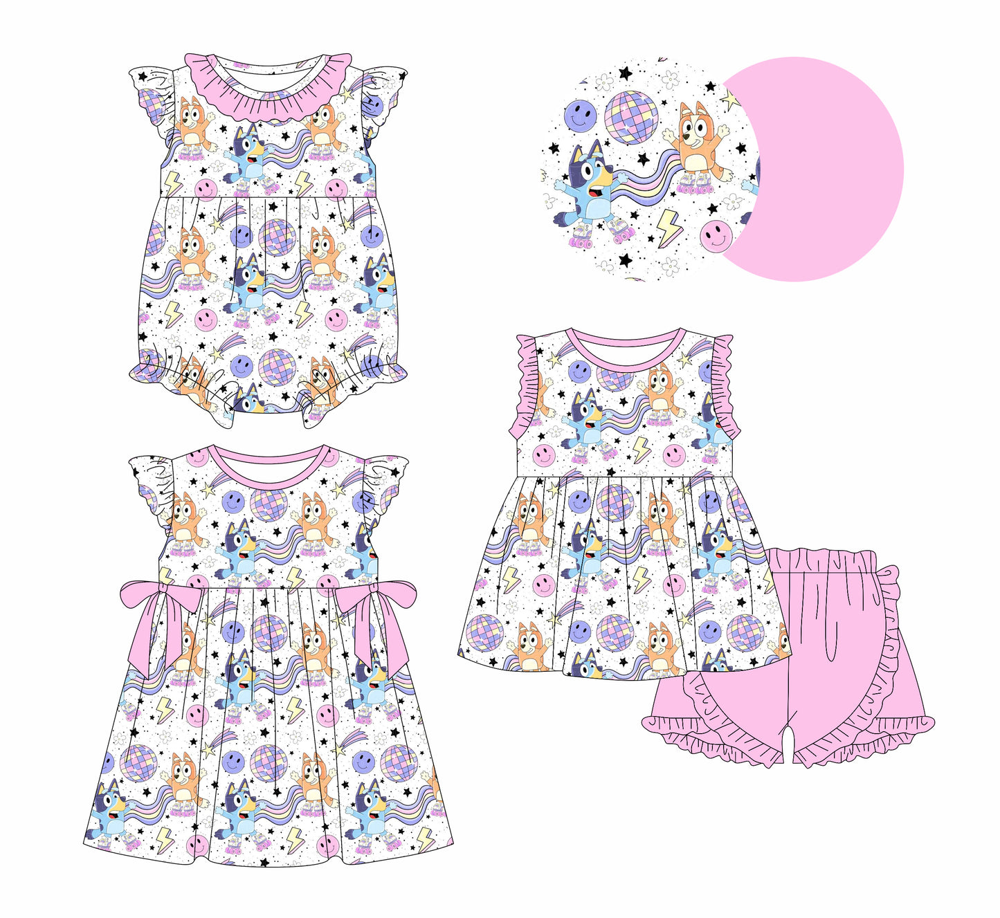 12.30 custom each style moq 5eta 4-6week Sibling Sistes cartoon dog baby girl short sleeve shorts sets and dress and rompers match family design