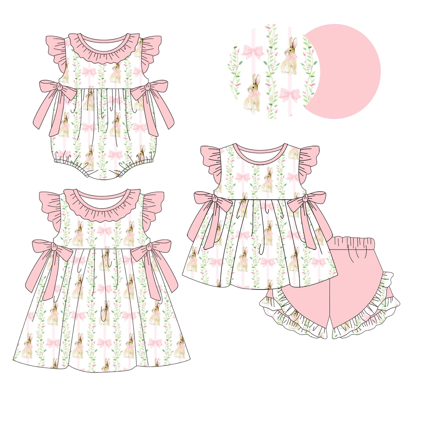 26.1.5 custom each style moq 5 eta 6-8week Sibling Sister easter bow floral baby short sleeve shorts sets and romper and dress match design